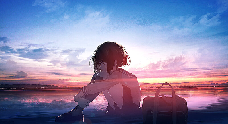Anime Girl Sitting — Blue, Serene, Sunset, Digital Art, Bag