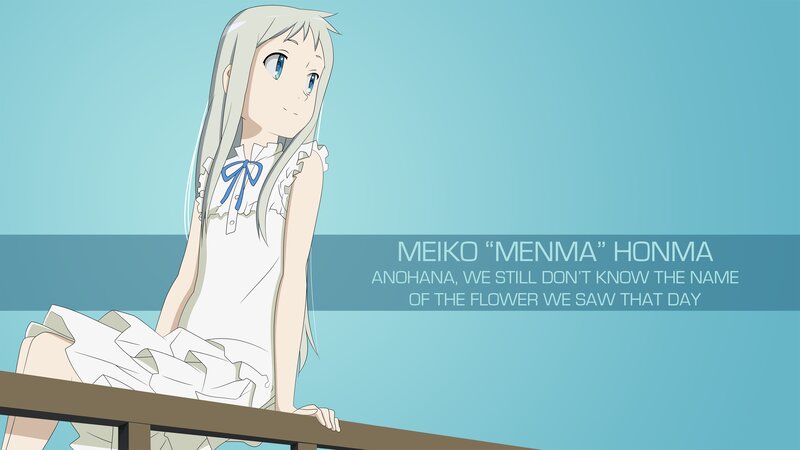 Anime Girl Sitting — Blue, Serene, Text