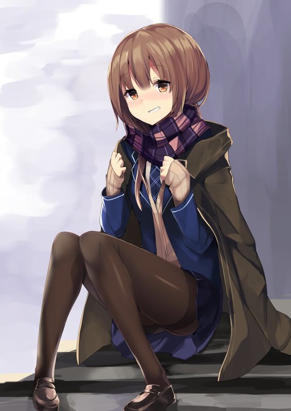 Anime Girl Sitting — Brown, Calm, Digital Art, Scarf