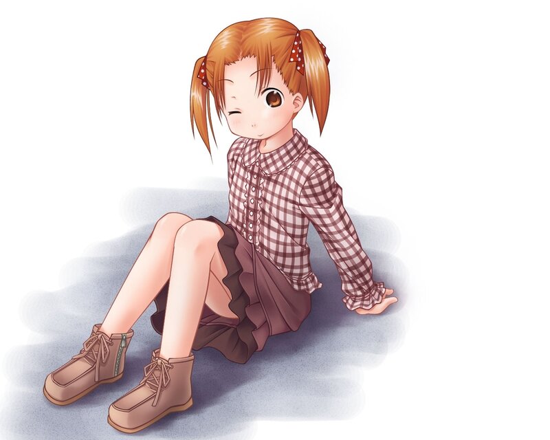 Anime Girl Sitting — Brown, Calm, Plaid Shirt