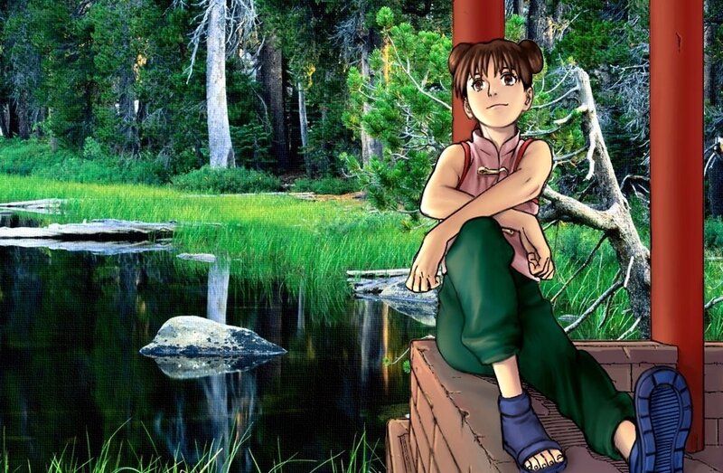 Anime Girl Sitting by Pond — Green