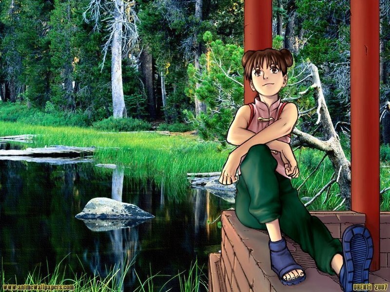 Anime Girl Sitting by Pond