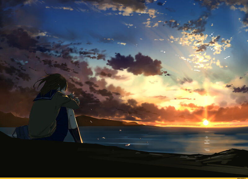 Anime Girl Sitting by Sea