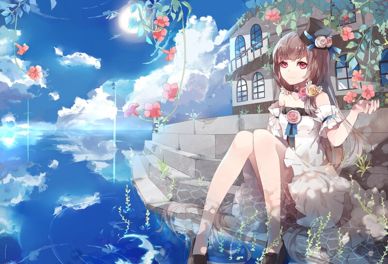 Anime Girl Sitting by Water — Blue, Serene, Night, Digital Art
