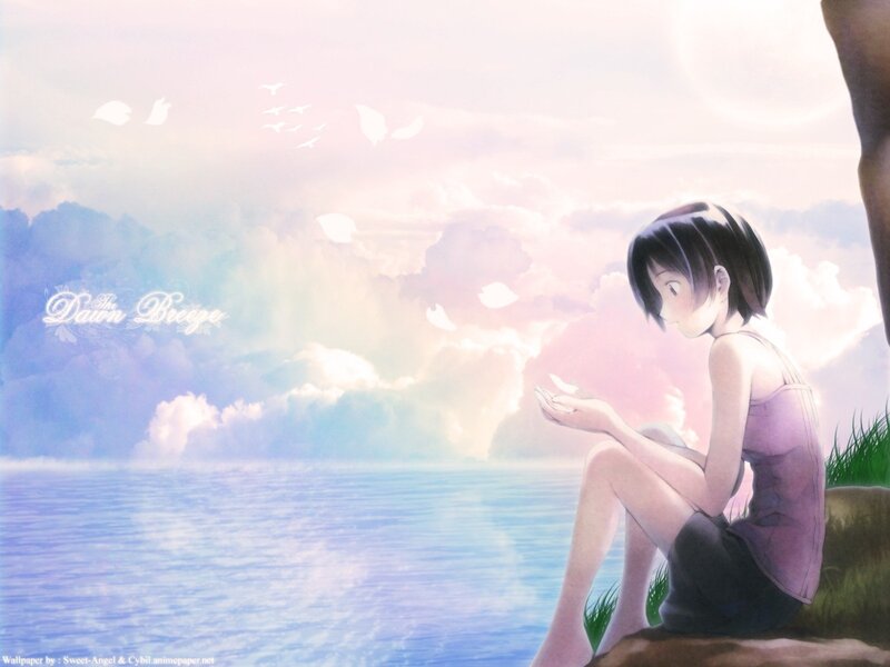 Anime Girl Sitting by Water — Blue