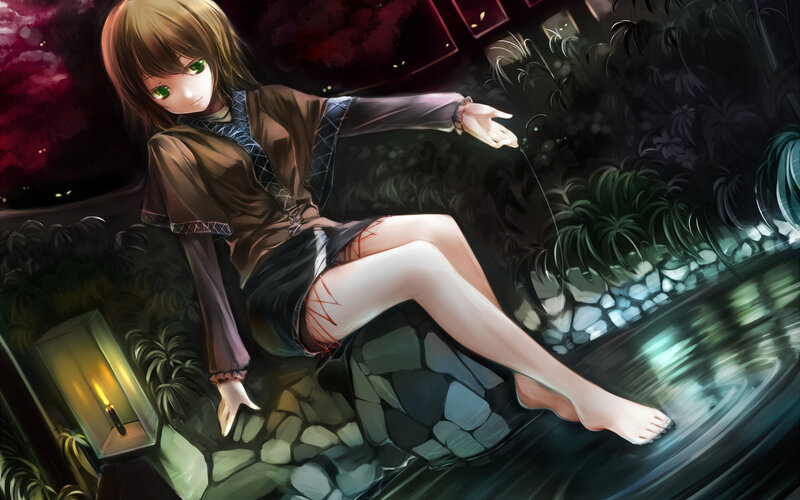 Anime Girl Sitting by Water — Green