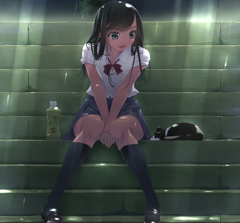 Anime Girl Sitting — Green, Calm