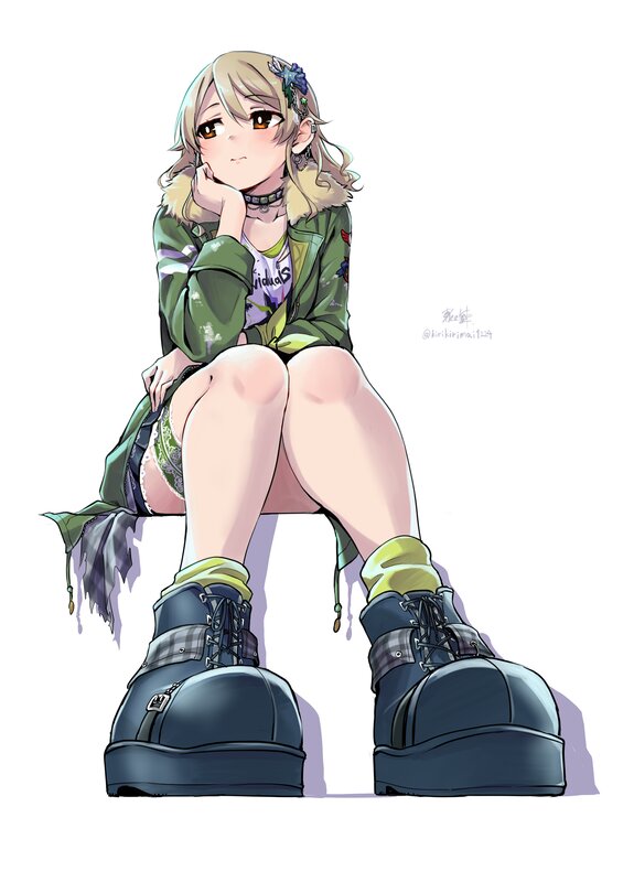 Anime Girl Sitting — Green, Neutral, Digital Art