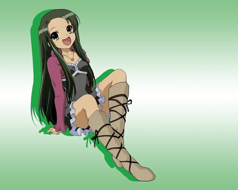 Anime Girl Sitting — Green, Playful, Long Hair