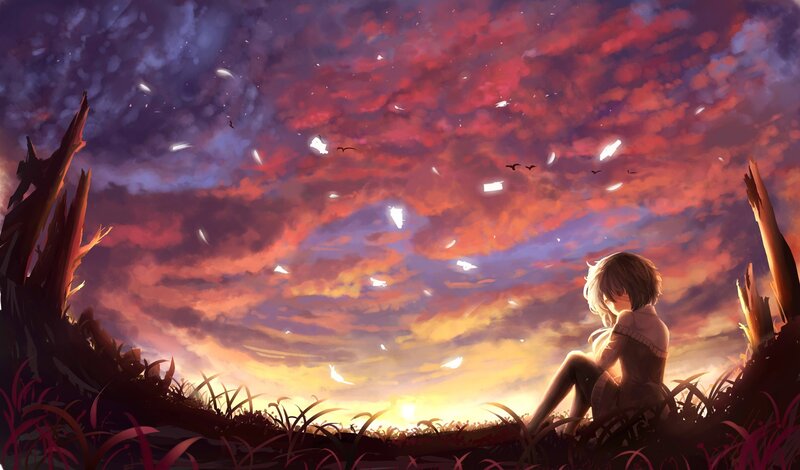 Anime Girl Sitting in Field — Red