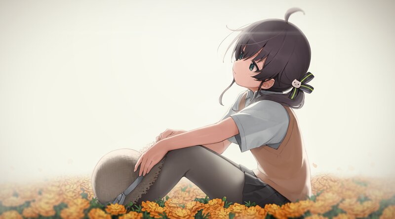 Anime Girl Sitting in Field — Yellow