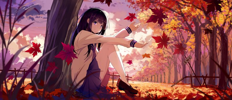 Anime Girl Sitting in Forest