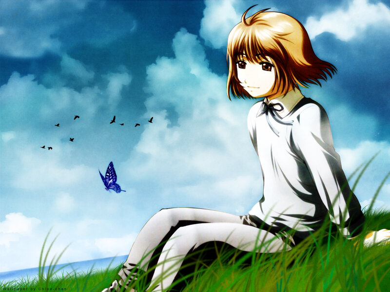 Anime Girl Sitting in Grass — Green