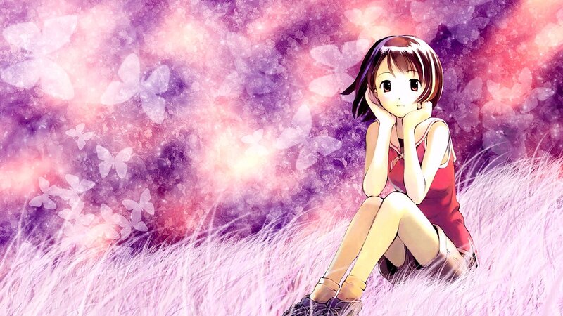 Anime Girl Sitting in Grass — Purple, Dreamy, Sunset