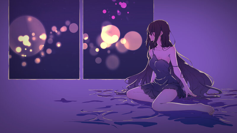 Anime Girl Sitting in Water — Purple, Serene