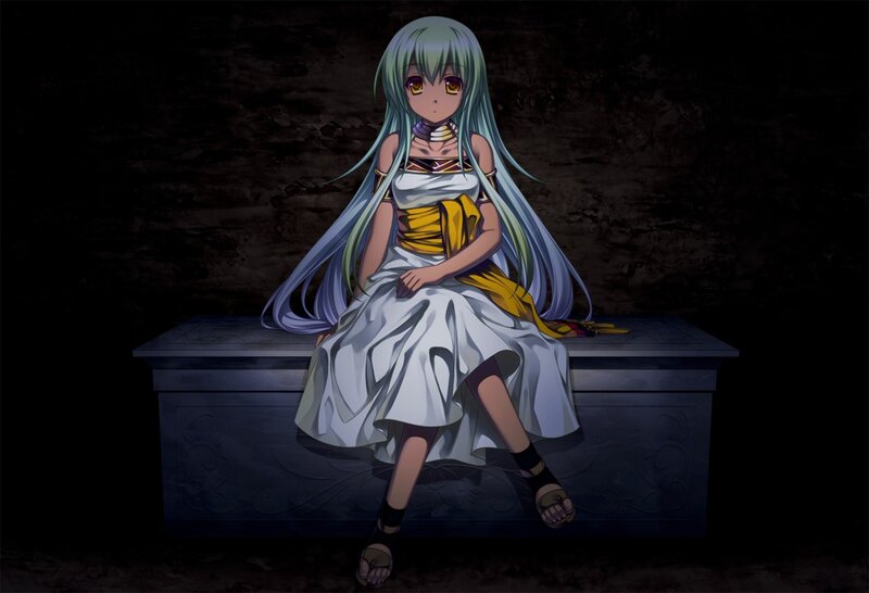 anime girl sitting on a stone bench