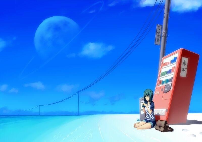Anime Girl Sitting on Beach — Blue