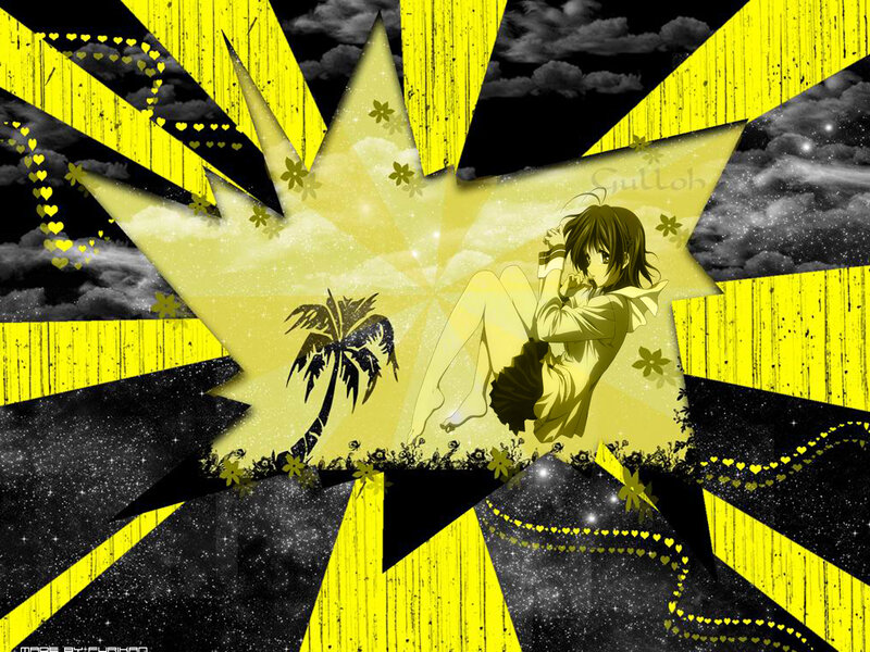 Anime Girl Sitting on Beach — Yellow