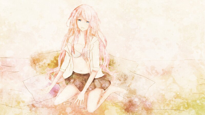 Anime Girl Sitting on Bed — Pink, Calm