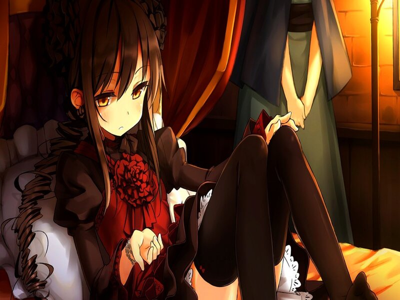 Anime Girl Sitting on Bed — Red
