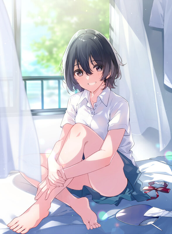 Anime Girl Sitting on Bed — White, Serene