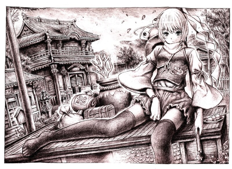 Anime Girl Sitting on Bench — Black