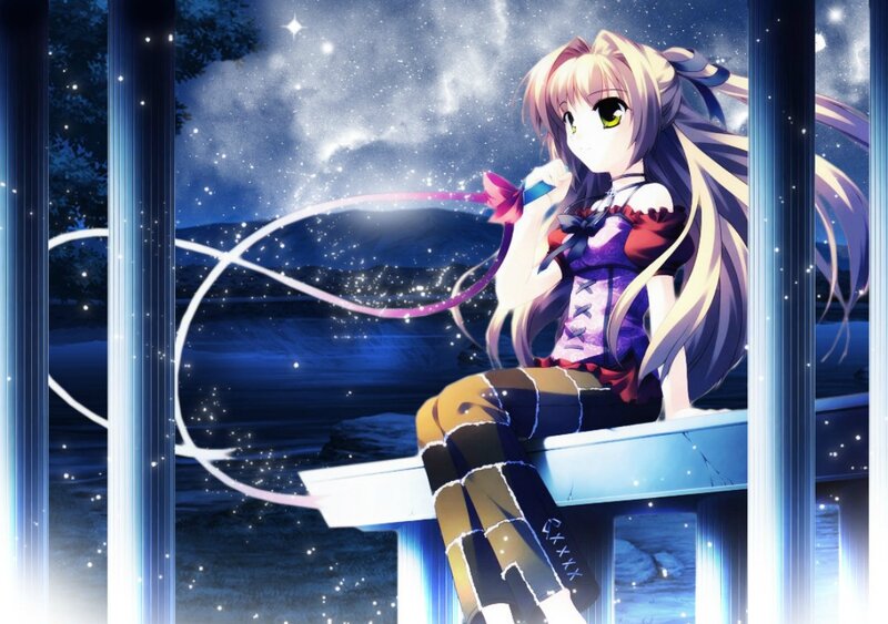 Anime Girl Sitting on Bench — Blue, Serene