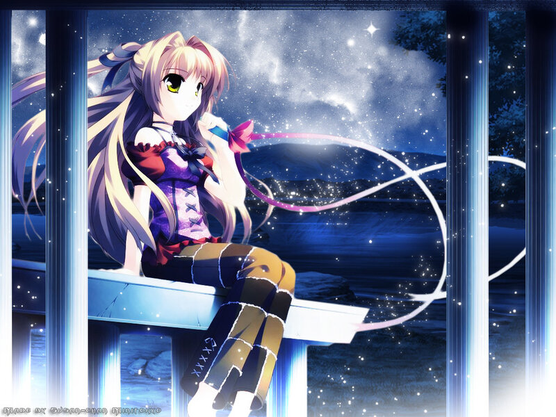 Anime Girl Sitting on Bench — Blue