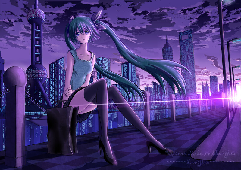 Anime Girl Sitting on Bench — Purple