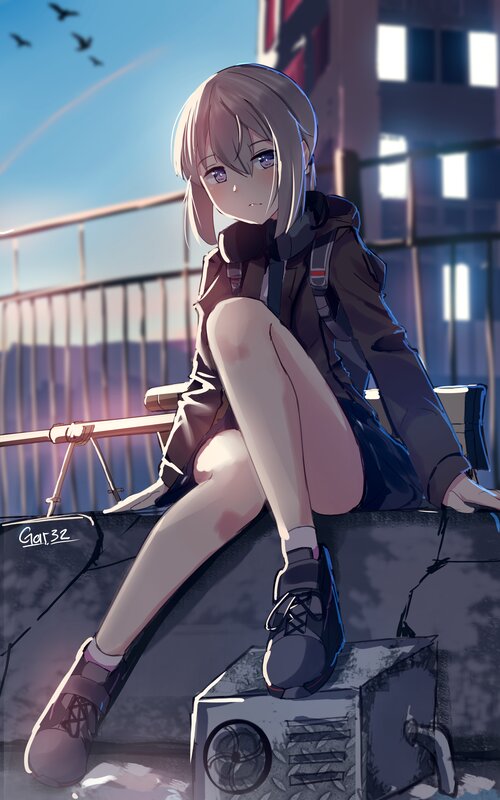Anime Girl Sitting on Box — Blue