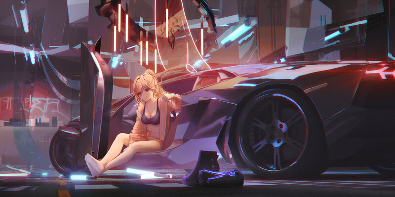 Anime Girl Sitting on Car