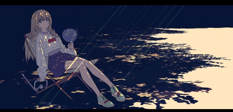Anime Girl Sitting on Chair — Blue, Calm, Night