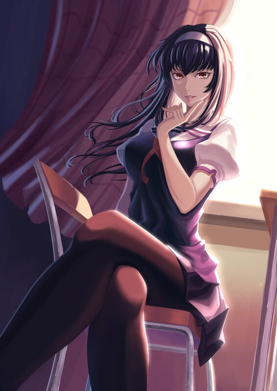 Anime Girl Sitting on Chair — Purple, Dramatic, Afternoon