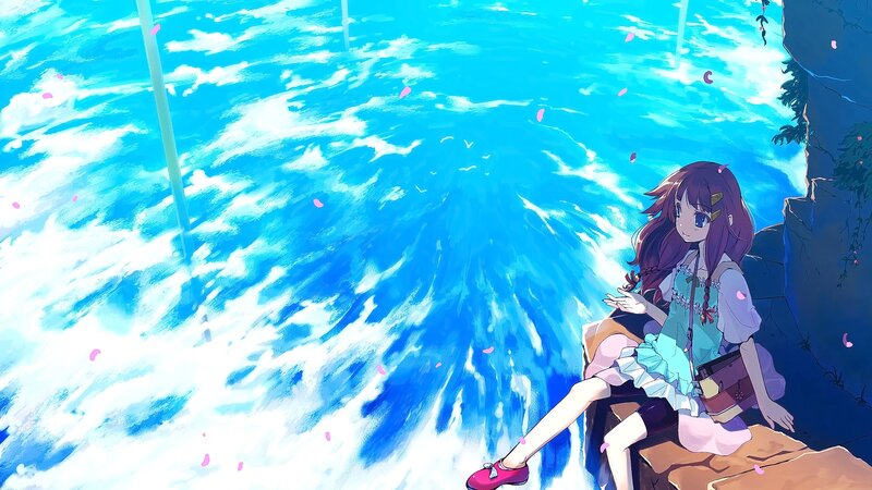 Anime Girl Sitting on Cliff — Blue