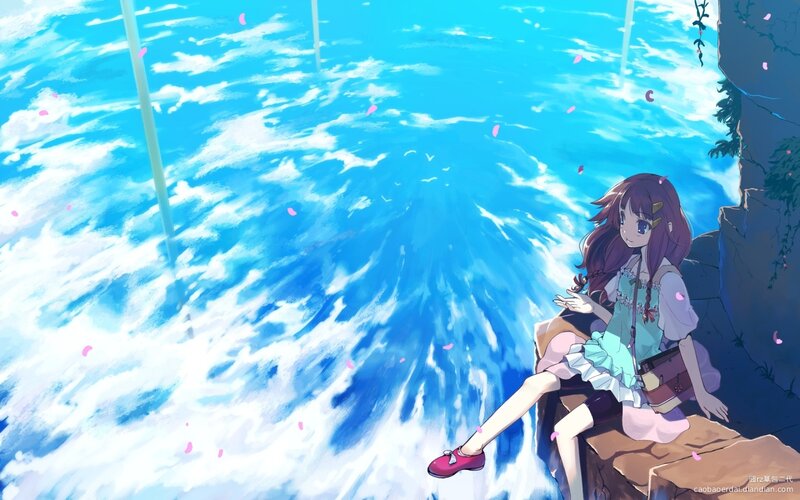 Anime Girl Sitting on Cliff