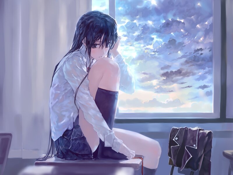 Anime Girl Sitting on Desk