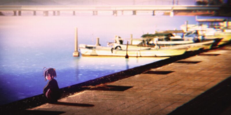 Anime Girl Sitting on Dock — Blue, Calm, Sunset