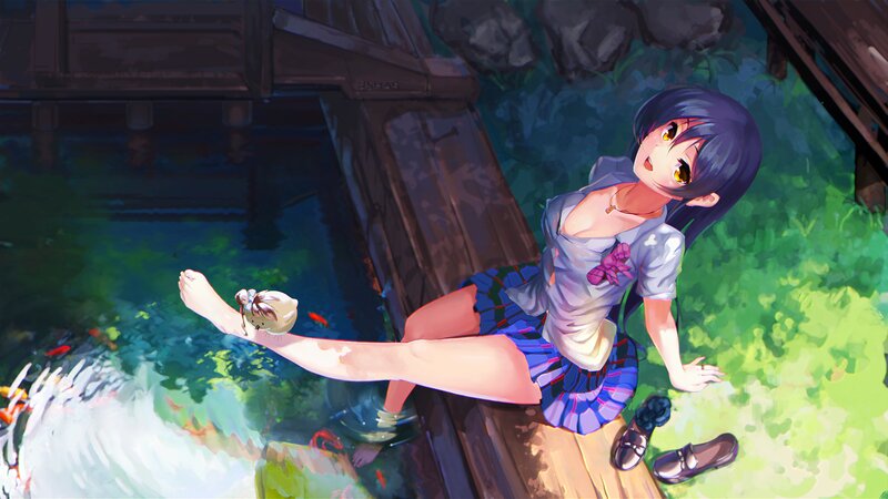 Anime Girl Sitting on Dock — Blue