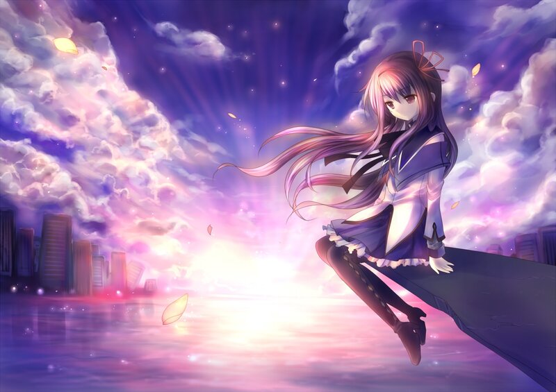 Anime Girl Sitting on Edge — Purple