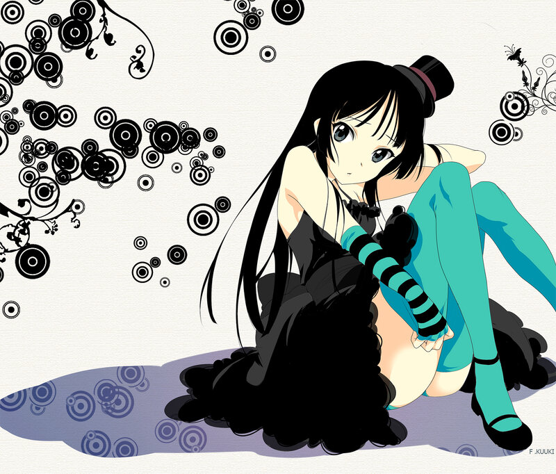 Anime Girl Sitting on Floor — Black, Calm, Top Hat, Striped Socks
