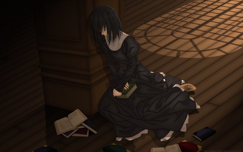 Anime Girl Sitting on Floor — Black, Dramatic, Afternoon