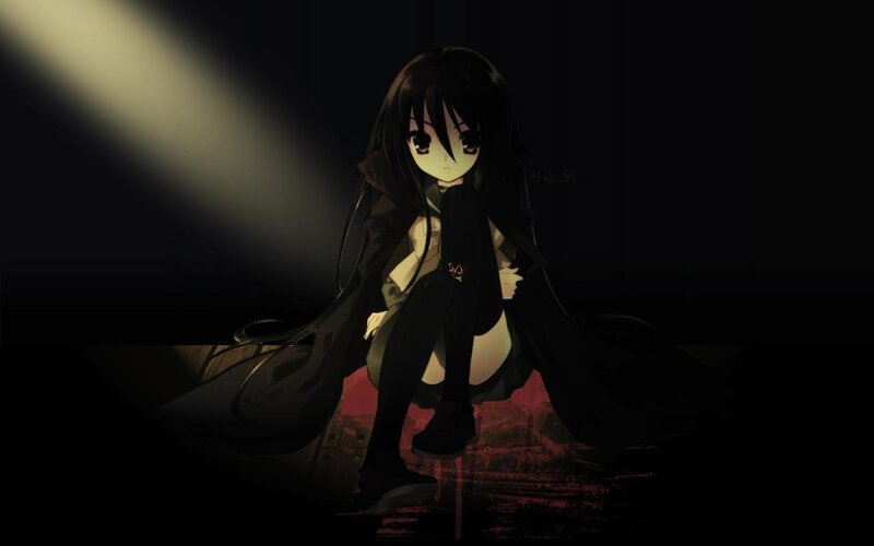 Anime Girl Sitting on Floor — Black, Dramatic, Night