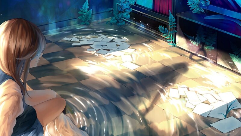 Anime Girl Sitting on Floor — Blue, Dramatic, Night