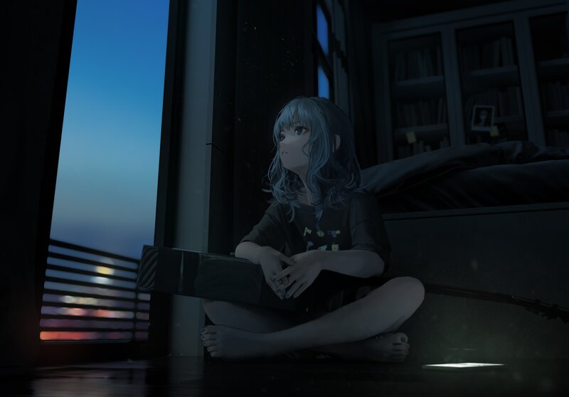 Anime Girl Sitting on Floor — Blue, Melancholic, Night, Digital Art