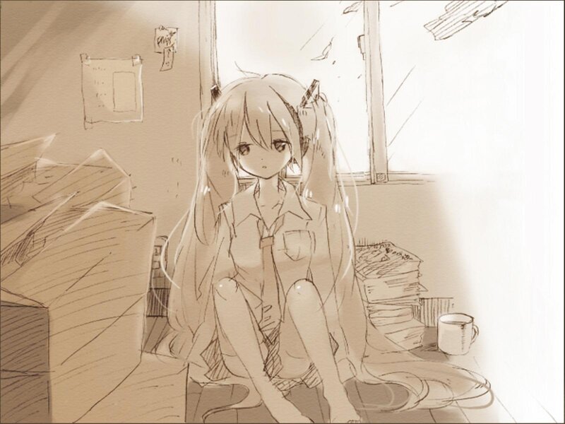 Anime Girl Sitting on Floor — Brown