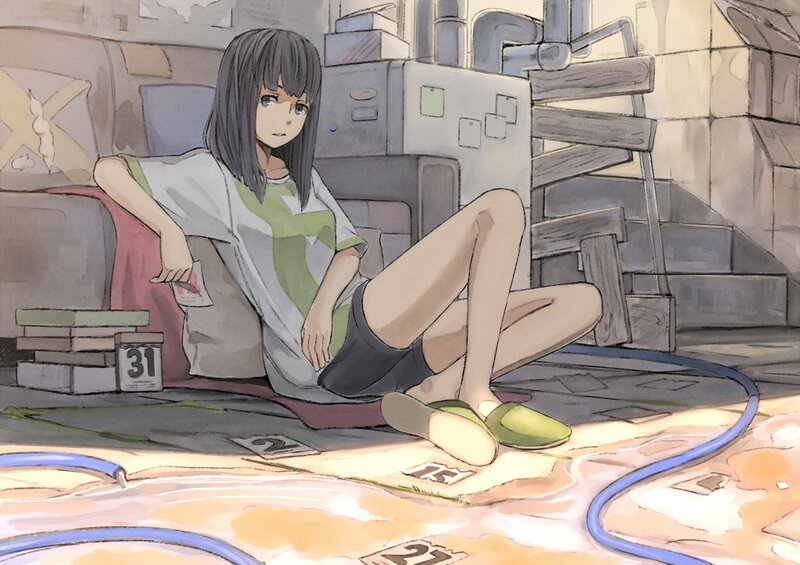 Anime Girl Sitting on Floor — Gray, Calm