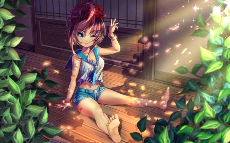 Anime Girl Sitting on Floor — Green, Serene, Afternoon