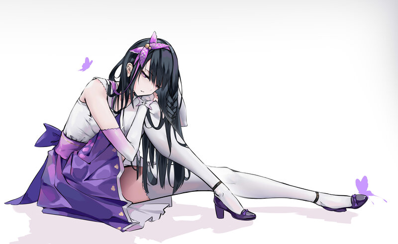 Anime Girl Sitting on Floor — Purple, Calm, Butterfly
