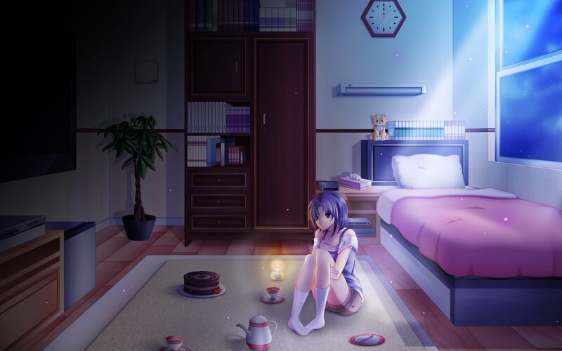 Anime Girl Sitting on Floor — Purple, Calm, Night