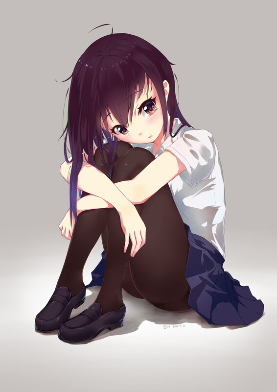 Anime Girl Sitting on Floor — Purple, Melancholic, Digital Art